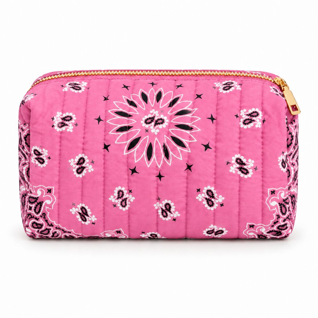 Pink quilted bandana cosmetic case, front view