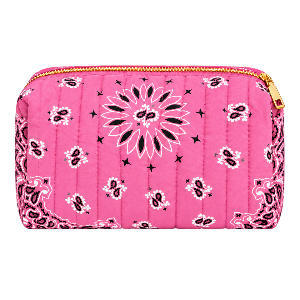 Pink quilted bandana cosmetic case, blank front ready for personalization