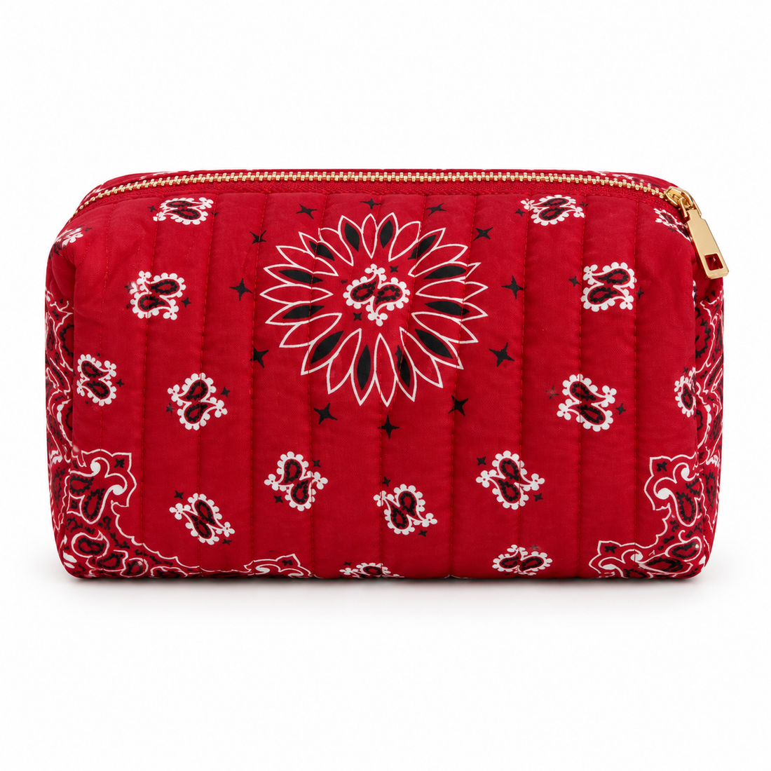 Red quilted bandana cosmetic case, front view
