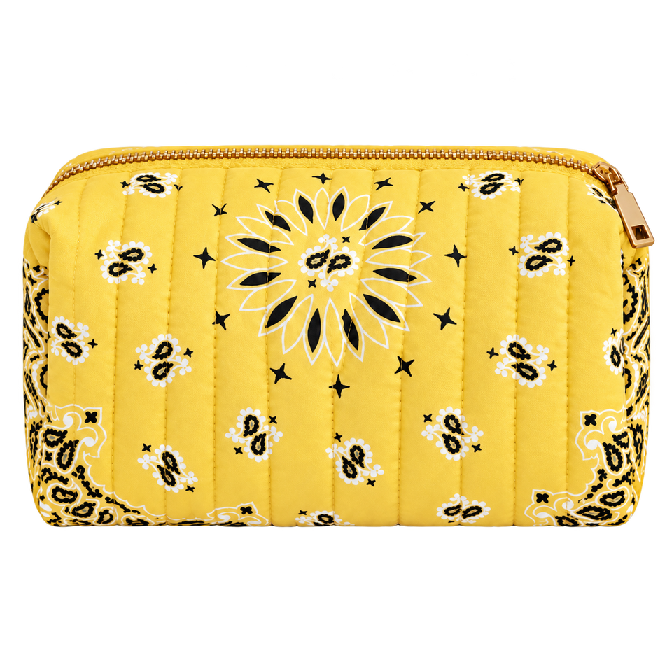 Yellow quilted bandana cosmetic case, blank front ready for personalization