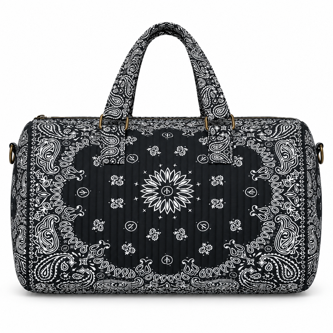 Black quilted bandana duffel, front view