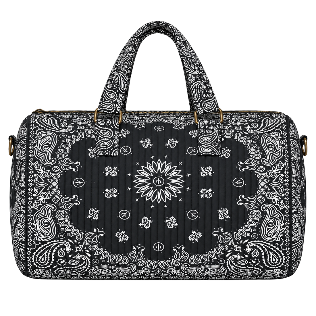 Black quilted bandana duffel, blank front ready for personalization