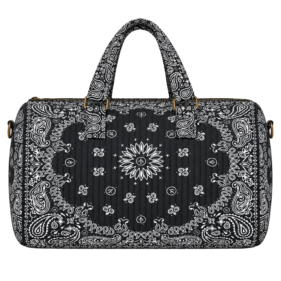 Black quilted bandana duffel, blank front ready for personalization