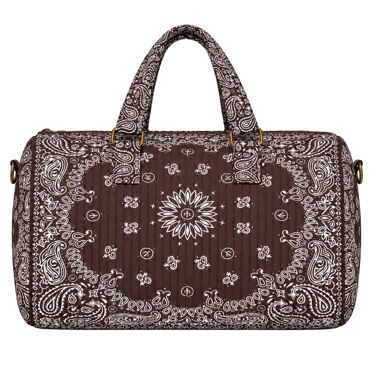 Brown quilted bandana duffel, blank front ready for personalization