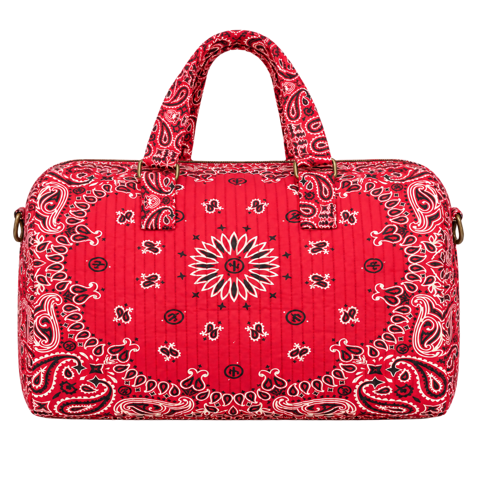 Red quilted bandana duffel, blank front ready for personalization