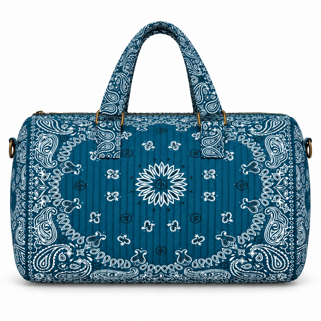 Teal quilted bandana duffel, front view