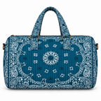 Teal quilted bandana duffel, front view