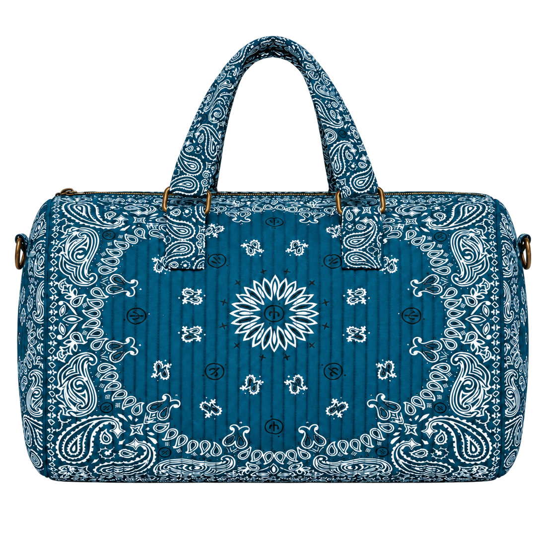 Teal quilted bandana duffel, blank front ready for personalization