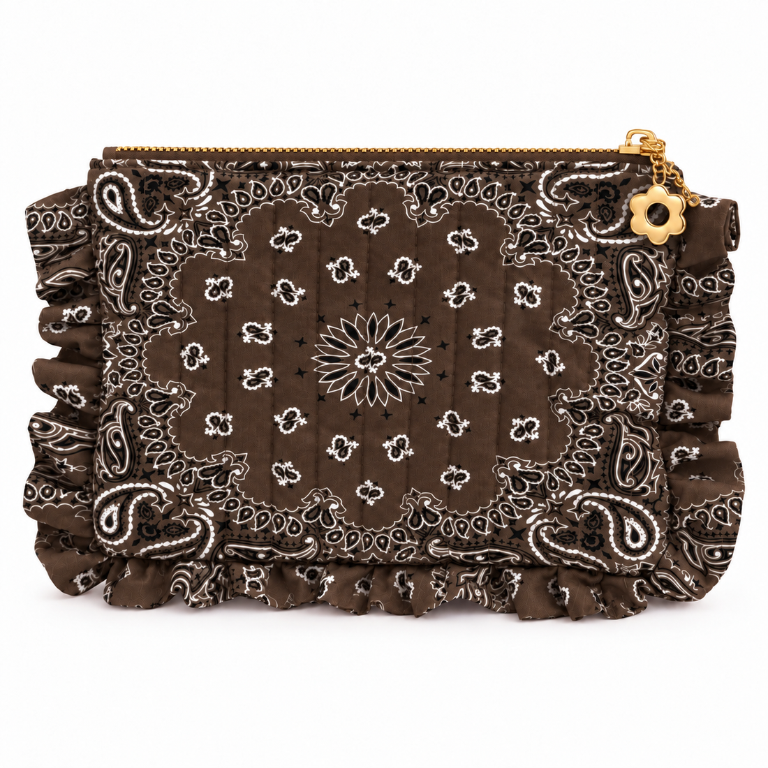 Chocolate Brown bandana ruffle pouch, front view