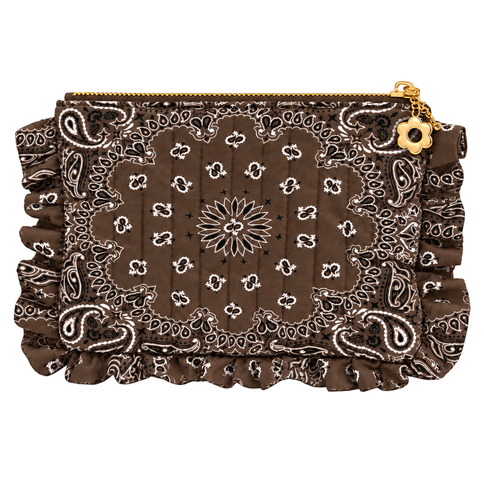 Chocolate Brown bandana ruffle pouch, blank front ready for personalization