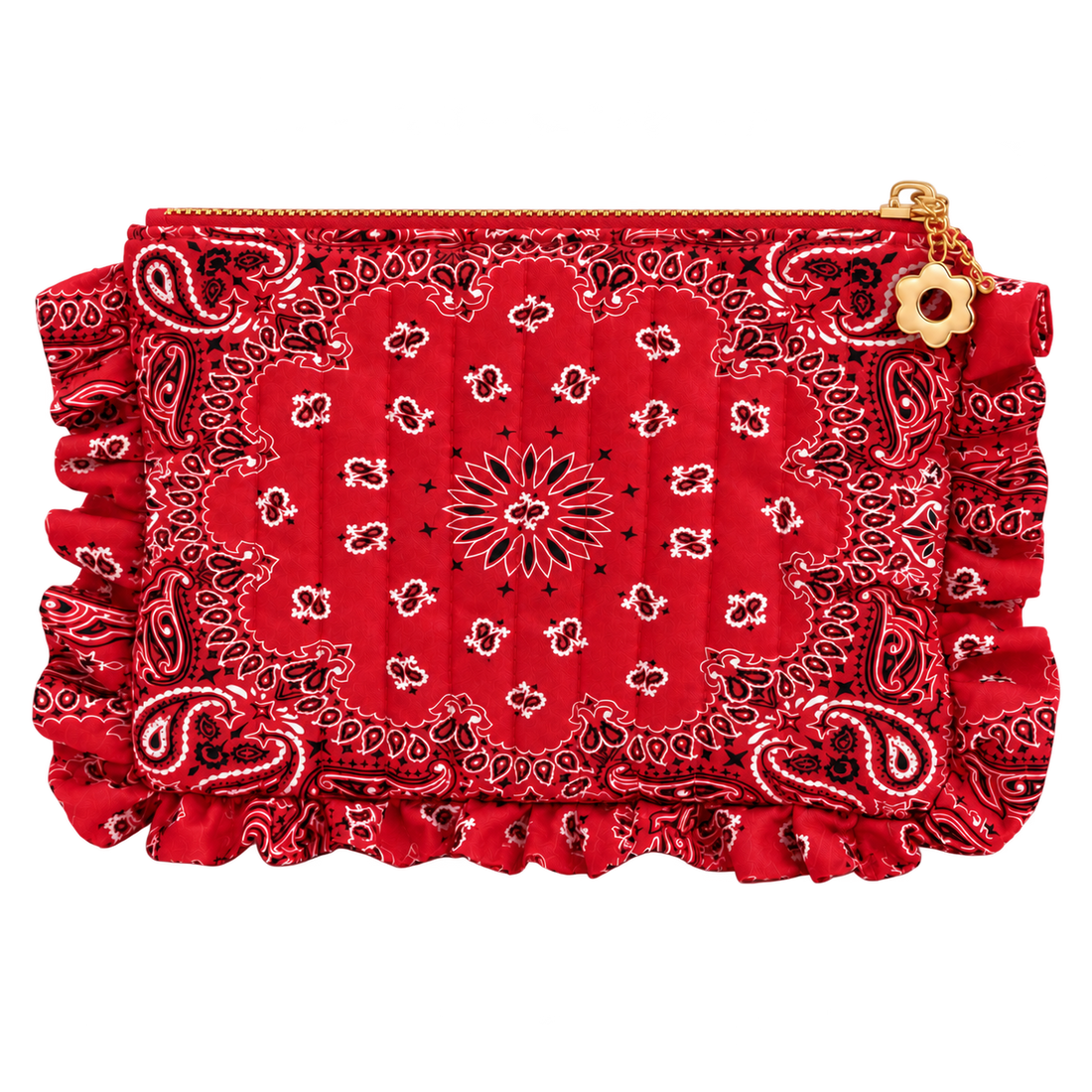 Red bandana ruffle pouch, blank front ready for personalization