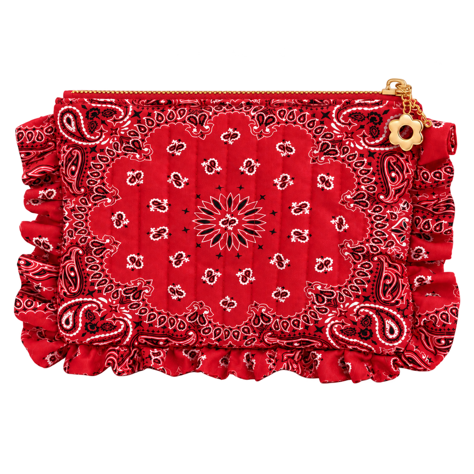 Red bandana ruffle pouch, blank front ready for personalization