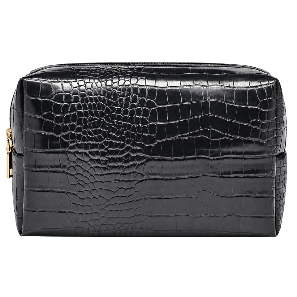 Black croc travel pouch, blank front ready for personalization