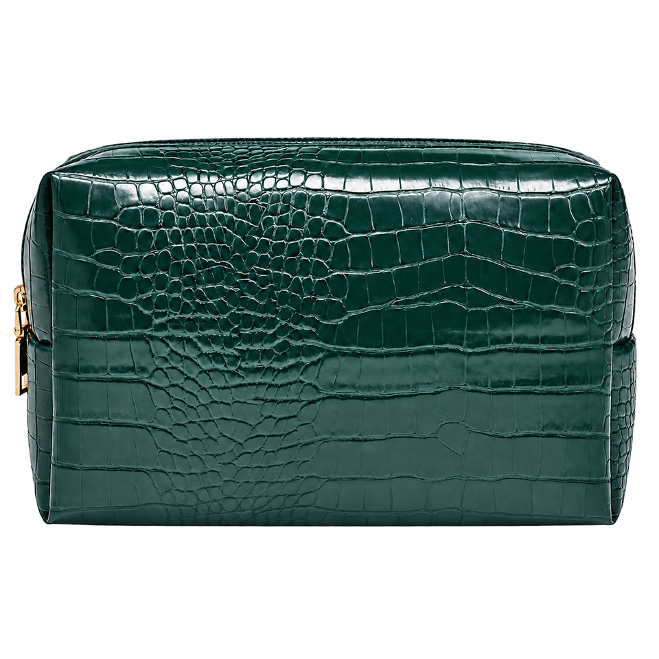Green croc travel pouch, blank front ready for personalization