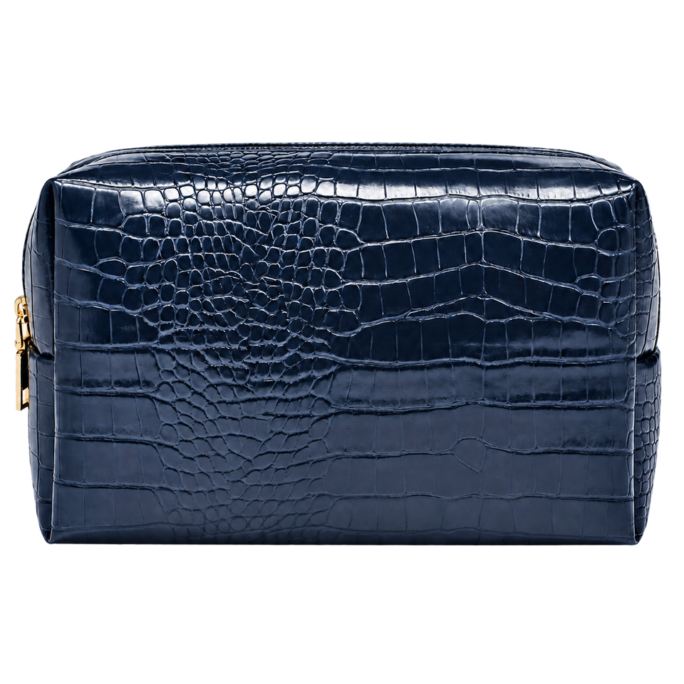 Navy croc travel pouch, blank front ready for personalization