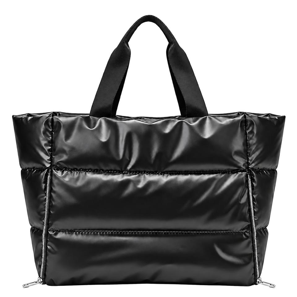 Black puffer gym bag, blank front ready for personalization