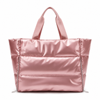 Pink puffer gym bag, front view