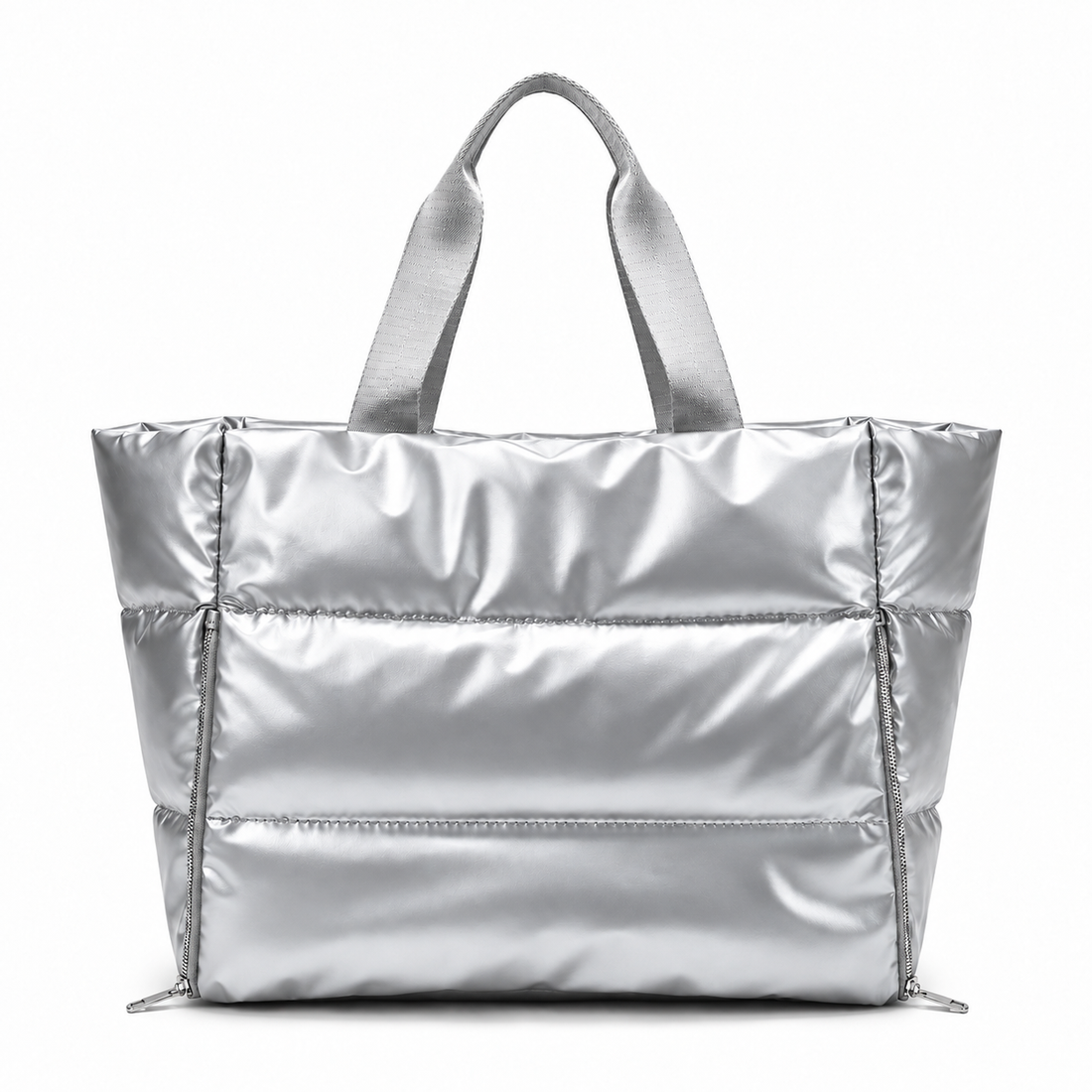 Silver puffer gym bag, front view