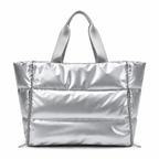Silver puffer gym bag, front view