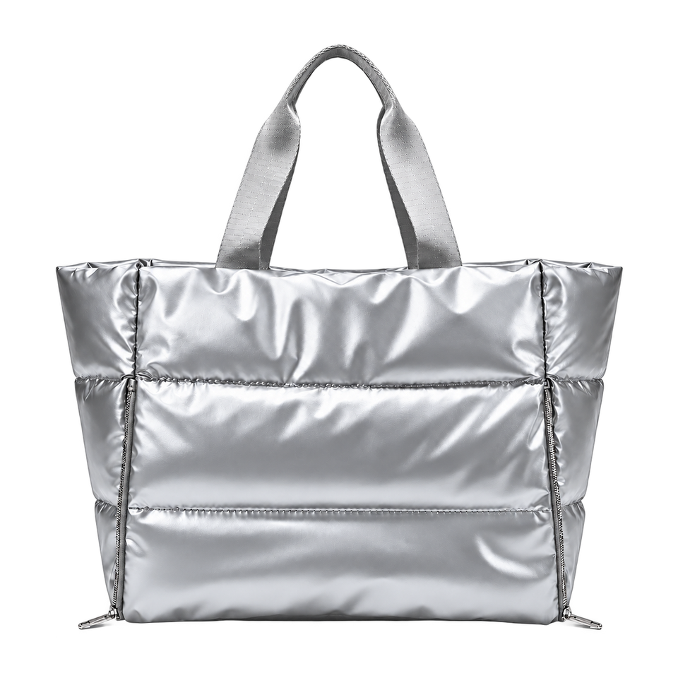 Silver puffer gym bag, blank front ready for personalization