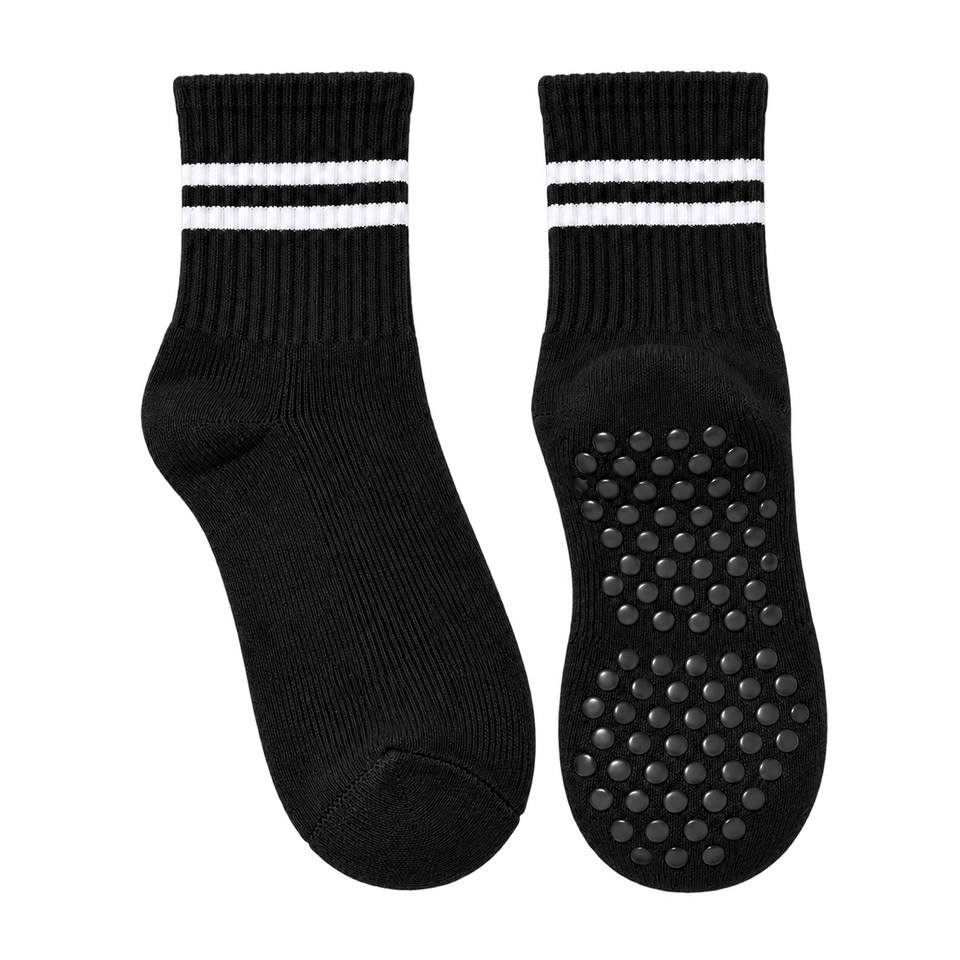 Black striped Pilates grip socks, blank pair ready for personalization