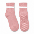 Dusty Pink striped Pilates grip socks, matching pair, front view