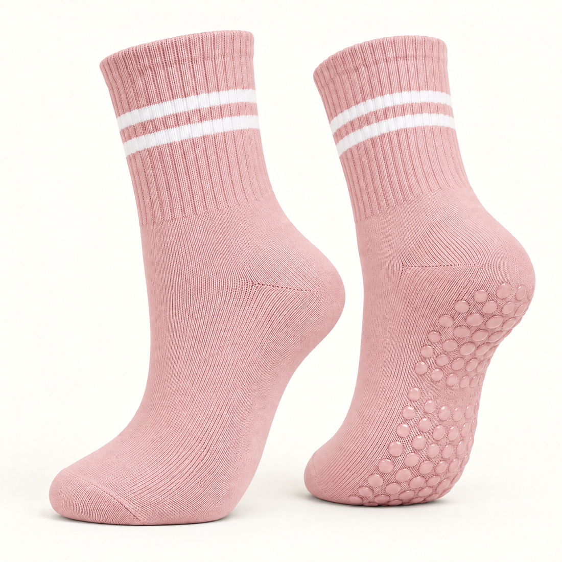Dusty Pink striped Pilates grip socks, angled pair showing the grip dots