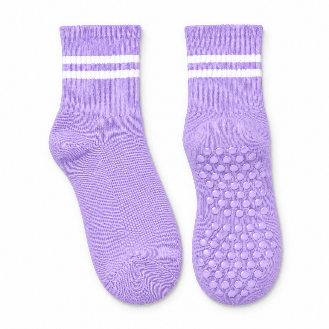 Lavender striped Pilates grip socks, matching pair, front view