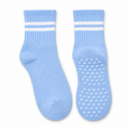 Light Blue striped Pilates grip socks, matching pair, front view