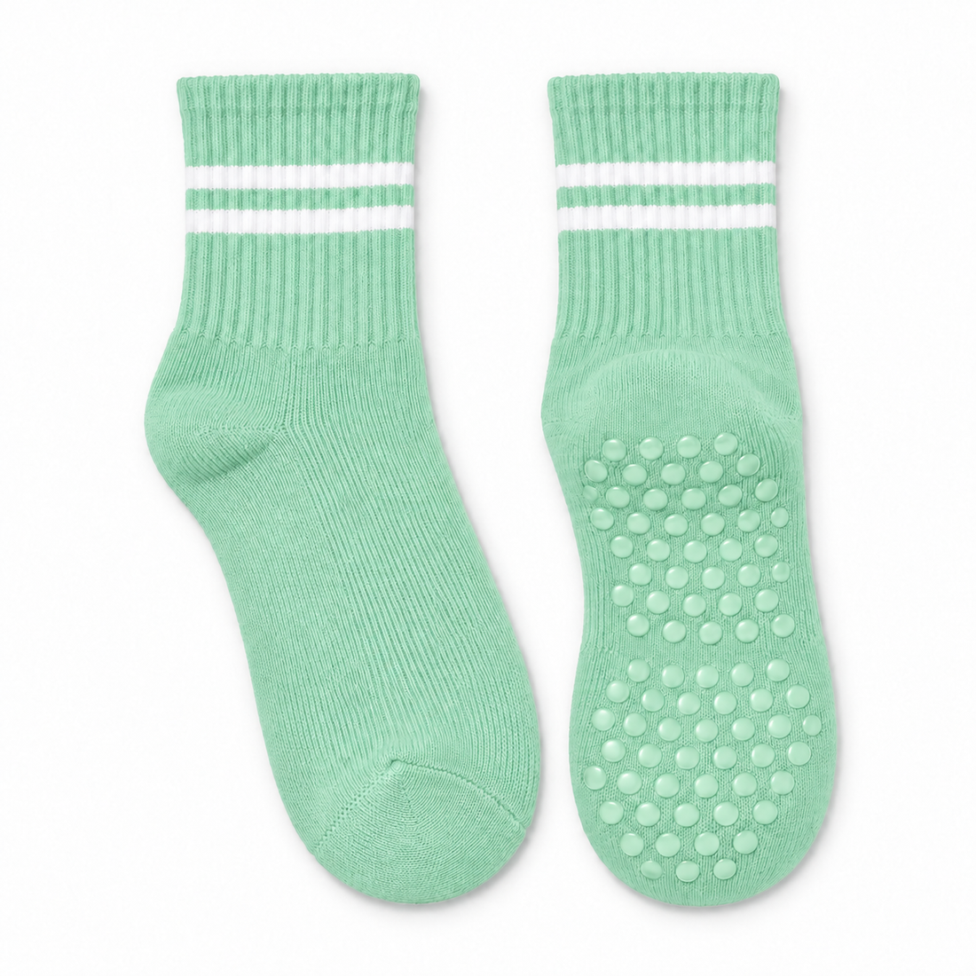 Mint Green striped Pilates grip socks, matching pair, front view