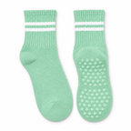 Mint Green striped Pilates grip socks, matching pair, front view