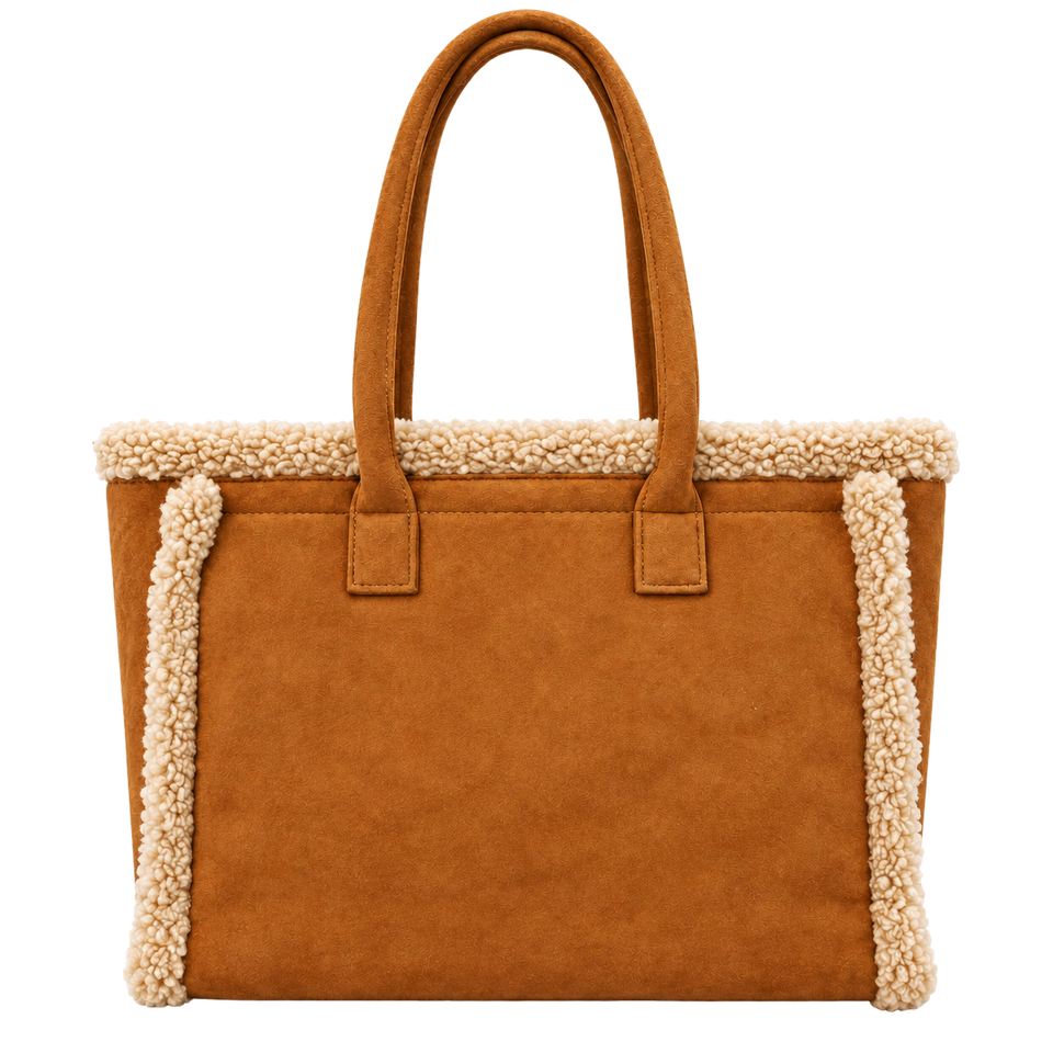 Teddy-trim tote in Teddy Brown, blank front ready for personalization