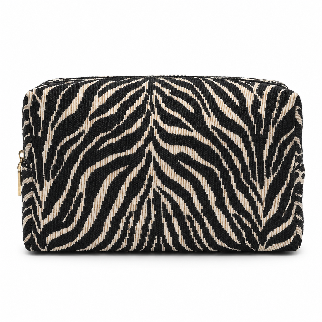 Zebra-print cosmetic pouch, front view