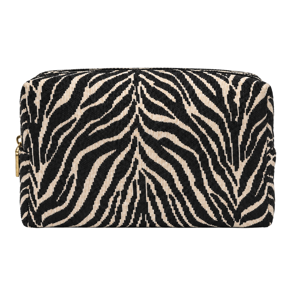 Zebra-print cosmetic pouch, blank front ready for personalization
