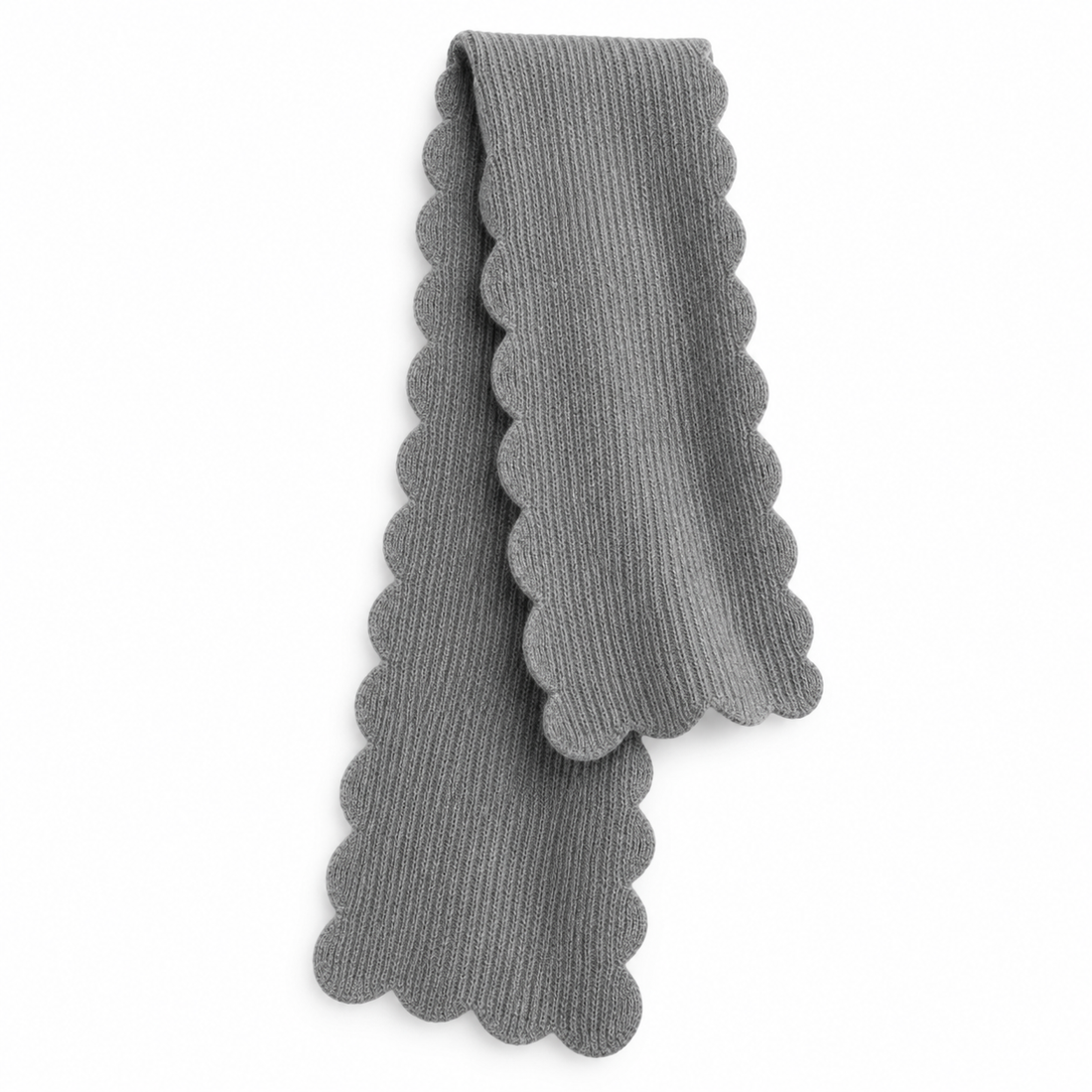 Gray scallop edge cozy scarf, draped flat to show the ribbed knit and scalloped edges