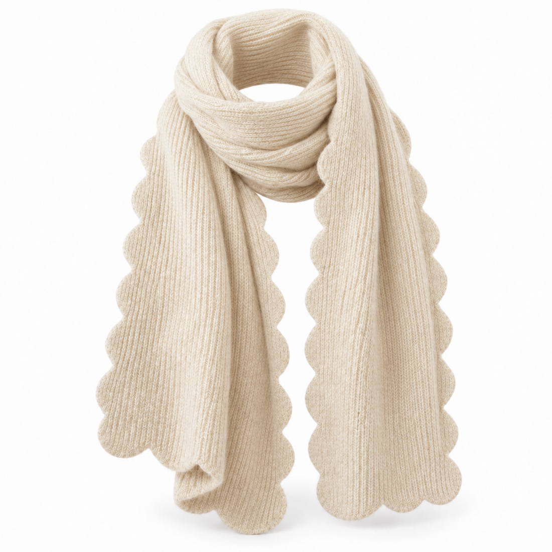 Ivory scallop edge cozy scarf, loosely wrapped, front view