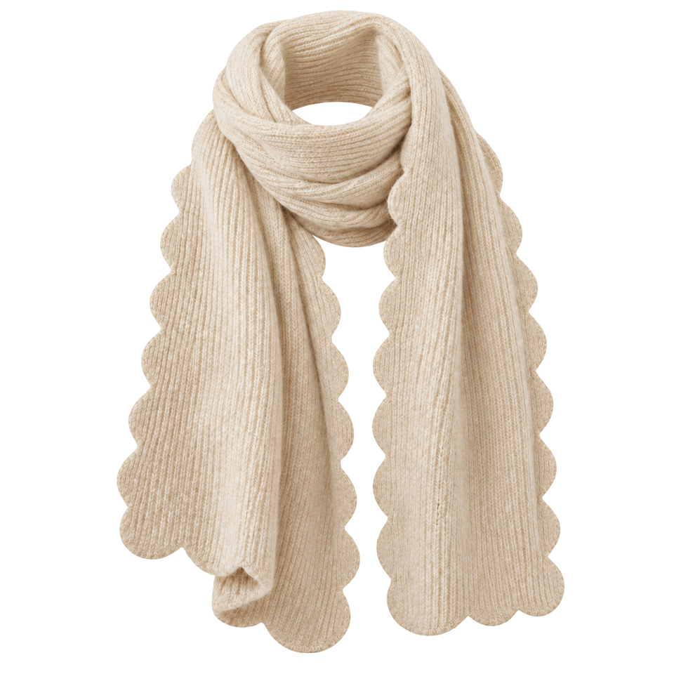 Ivory scallop edge cozy scarf, blank front ready for personalization