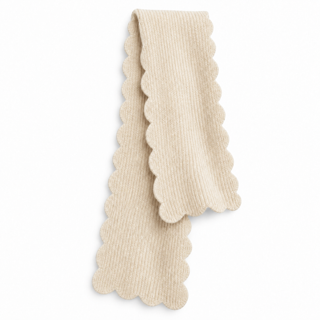 Ivory scallop edge cozy scarf, draped flat to show the ribbed knit and scalloped edges