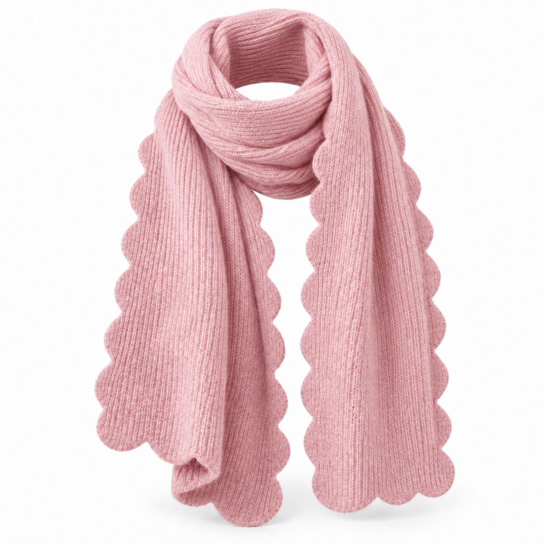 Pink scallop edge cozy scarf, loosely wrapped, front view
