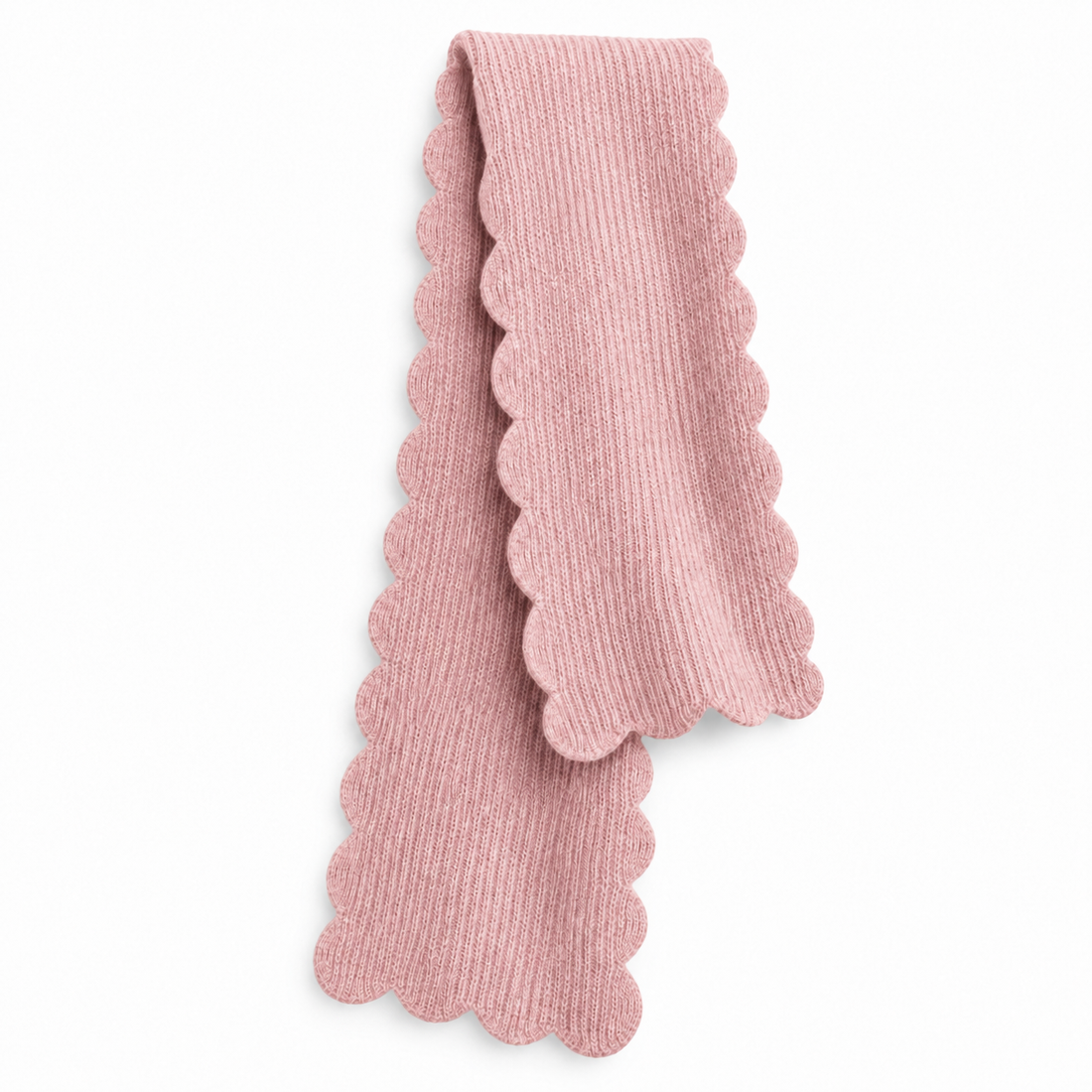 Pink scallop edge cozy scarf, draped flat to show the ribbed knit and scalloped edges
