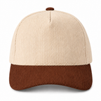 Cream and brown two-tone corduroy trucker hat, front view