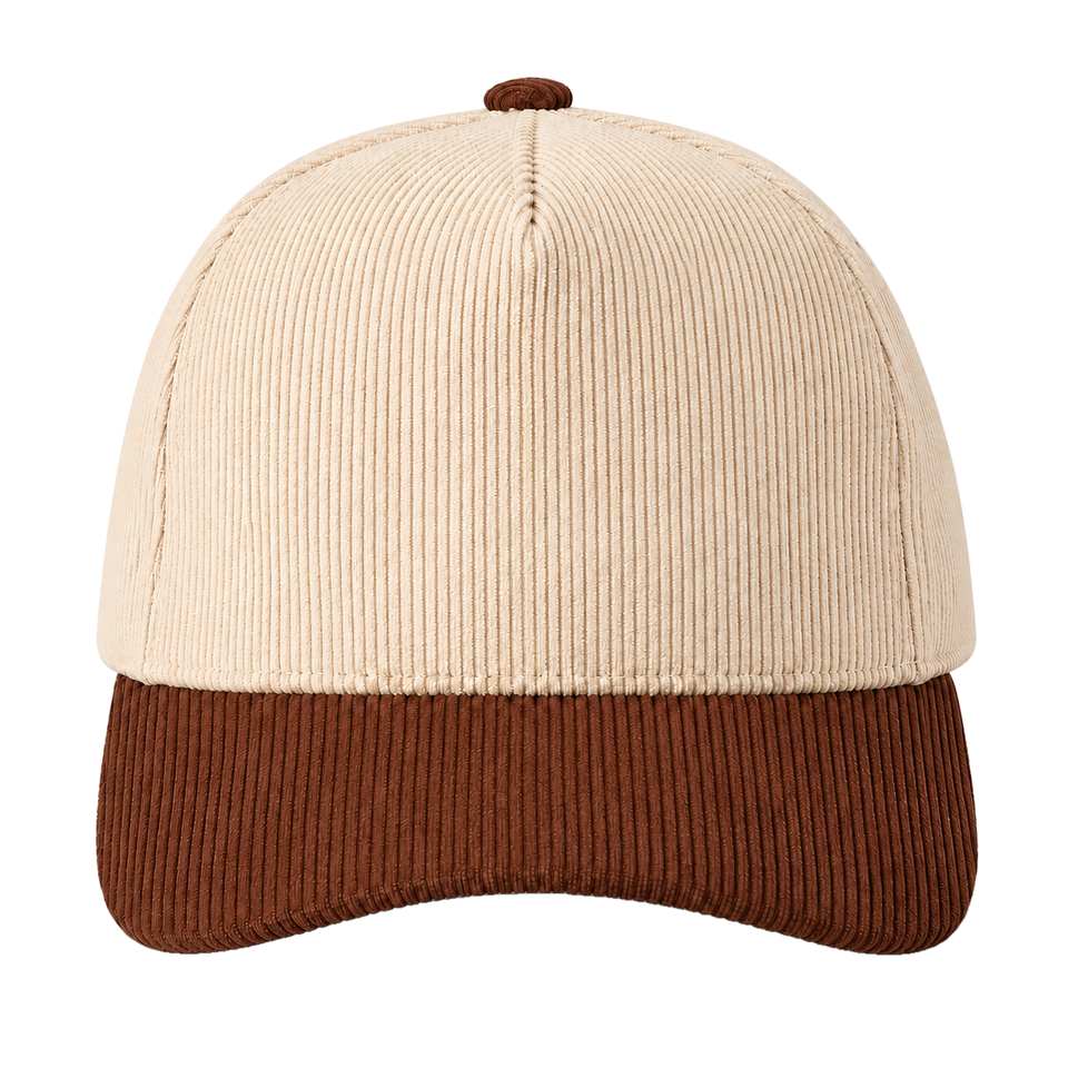 Cream and brown two-tone corduroy trucker hat, blank front ready for personalization