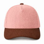 Pink and brown two-tone corduroy trucker hat, front view