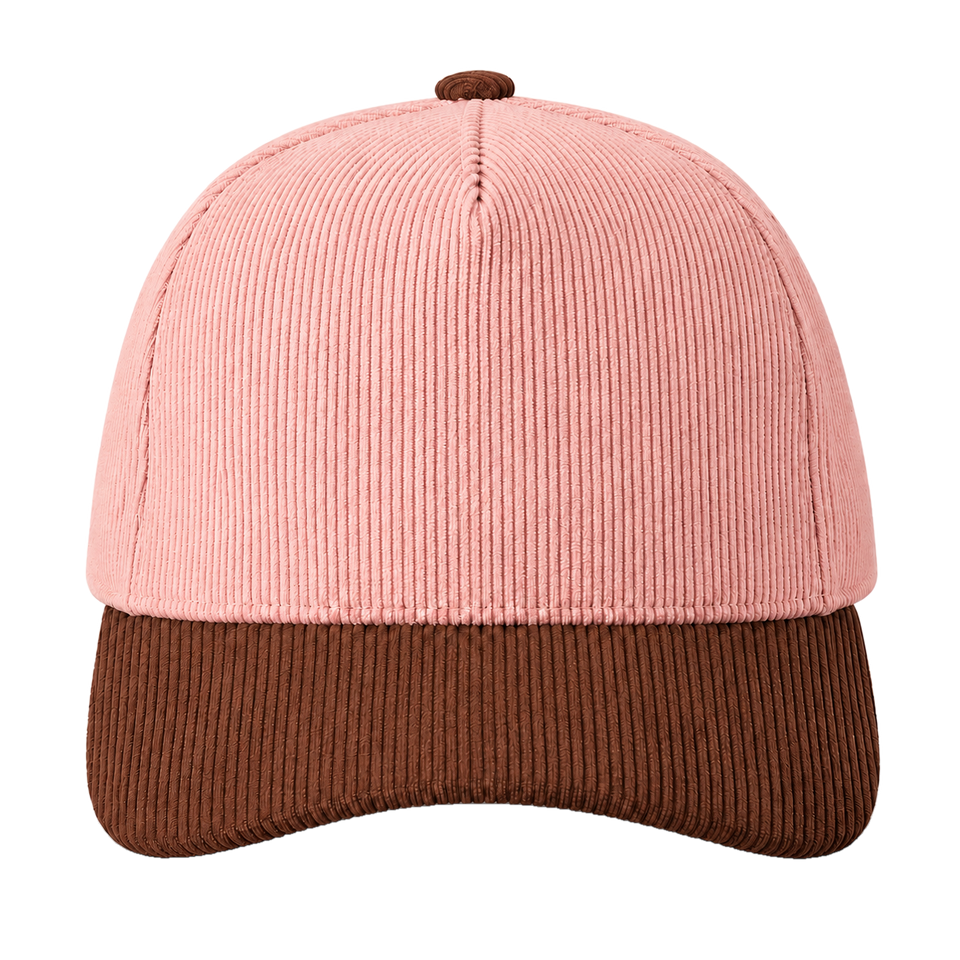 Pink and brown two-tone corduroy trucker hat, blank front ready for personalization