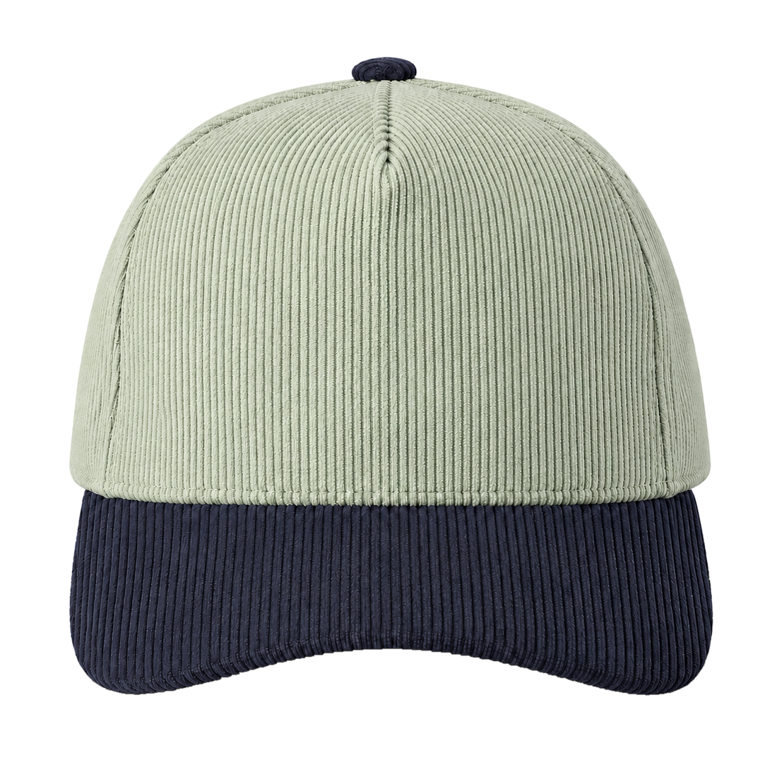 Sage and navy two-tone corduroy trucker hat, blank front ready for personalization